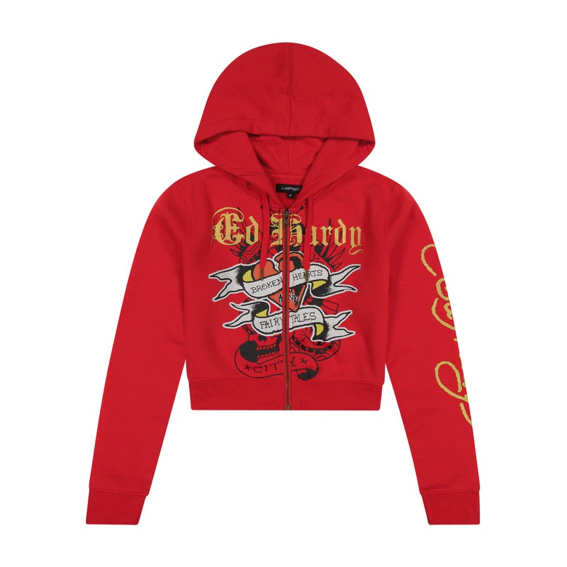 Ed Hardy Broken Hearts Cherry Zip Front Cropped Hoodie