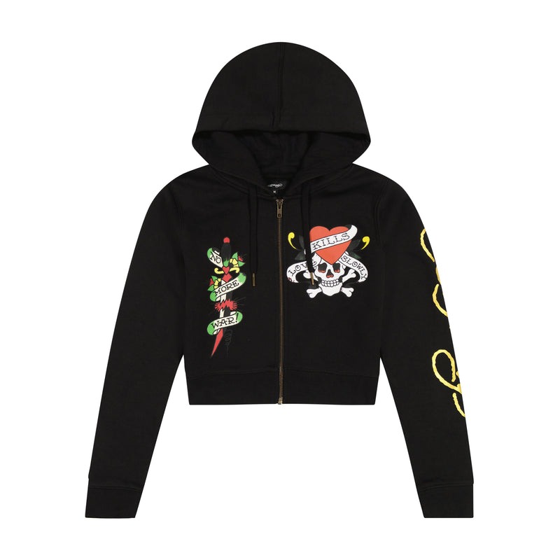 Ed Hardy LKS Skull Black Zip Front Cropped Hoodie