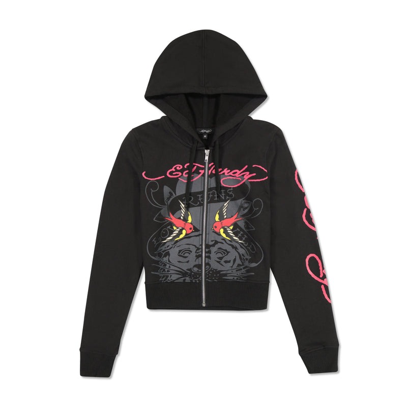 Ed Hardy Tiger Swallow Cropped Zip Fleece Hoodie