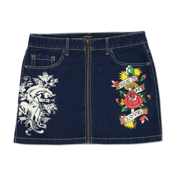 Ed Hardy Panther Zipper Front Mini Denim Skirt